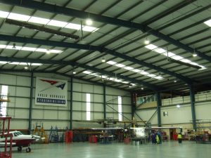 Lit by Dialight’s 250W LED high bays the hangar now achieves 400 lux at work height