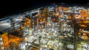 Aerial shot of OQ Chemical lit by Dialight LED Fixtures at night.