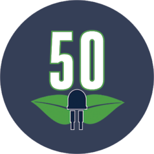 Icon of 50 year anniversary logo for sustainable LED lighting.